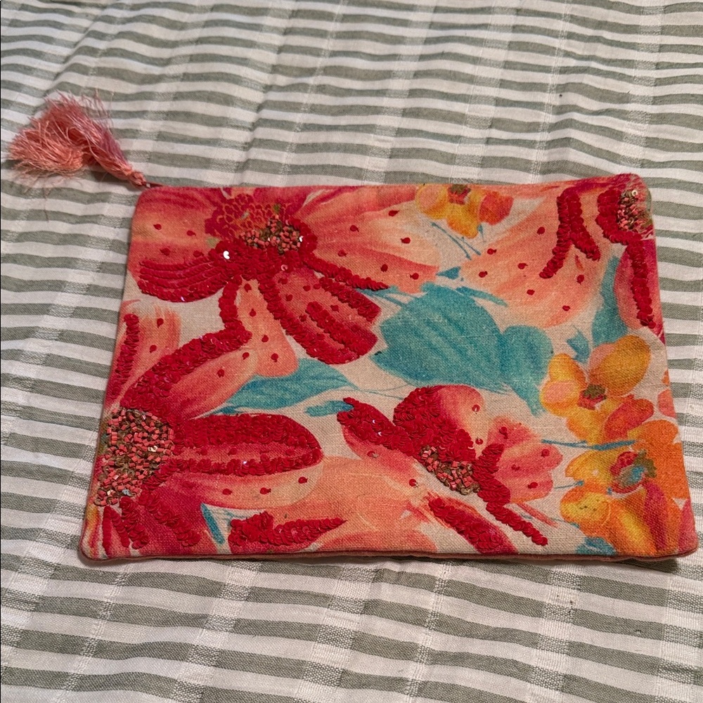 Floral Zip Pouch with Tassel - Coral, Teal & Yellow